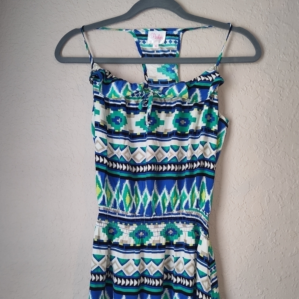 Parker Silk Green Blue White Design Dress size XS - Picture 2 of 7